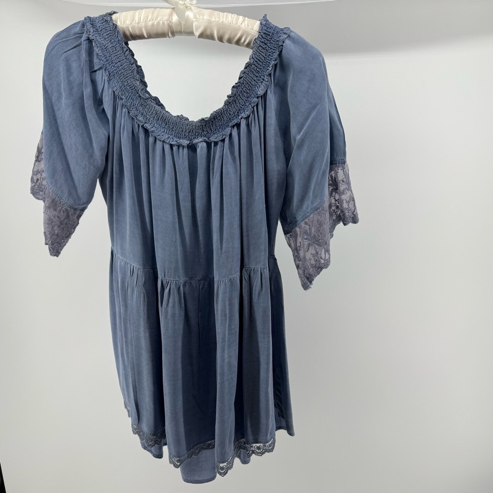 Umgee Blue Boho Peasant Blouse Top Lace Trim Short Sleeve Women's Large